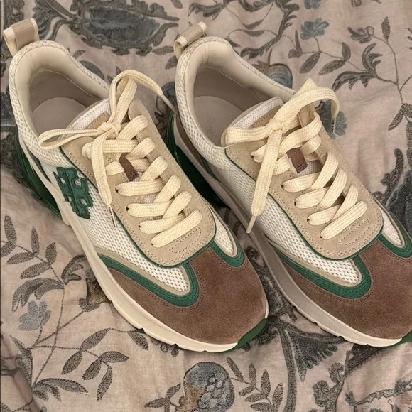 Tory Burch GOOD LUCK TRAINER Cream and Green Sneakers - Picture 1 of 5